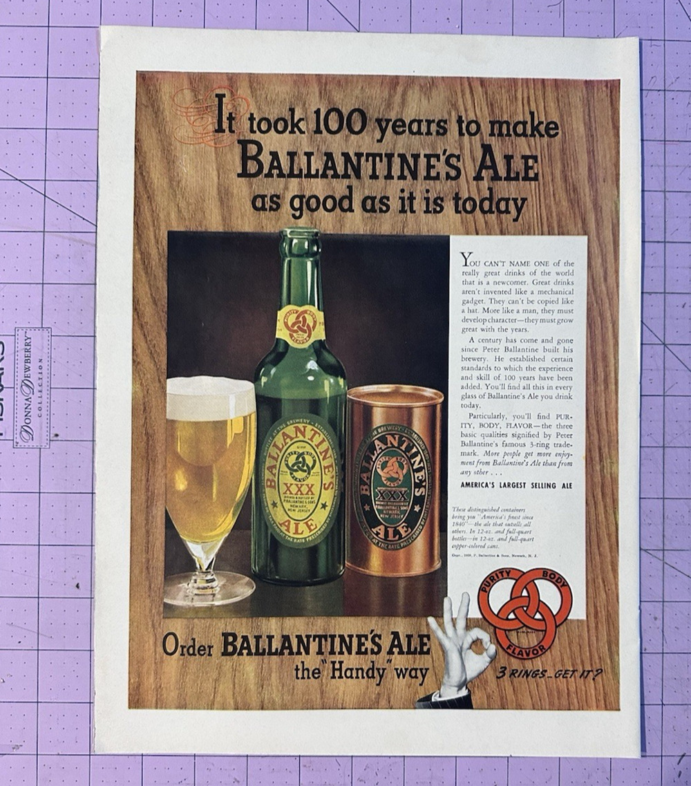 1939 Ballantine XXX Ale Beer Glass Green Bottle Copper Can Vintage Print Ad